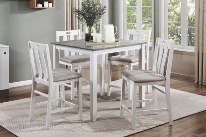 5-Piece Pack Counter Height Set Weathered Gray and White Table and Fabric Upholstered 4 Chairs Casual Dining Furniture