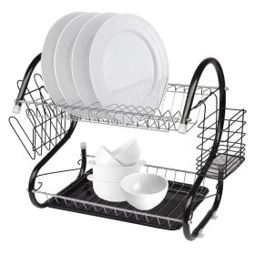 Multifunctional S-shaped Dual Layers Bowls & Dishes & Chopsticks & Spoons Collection Shelf Dish Drainer Black RT